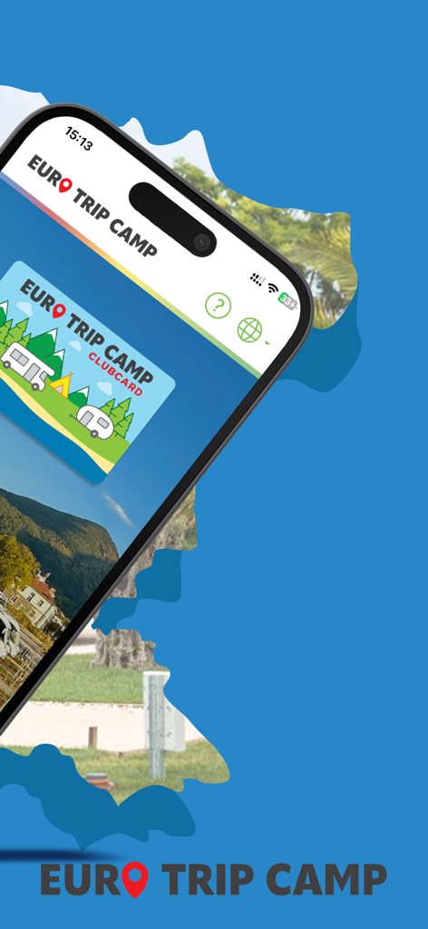 Euro Trip Camp - デジタルクラブカードと旅行の風景を表示するユーロトリップキャンプモバイルアプリのインターフェース