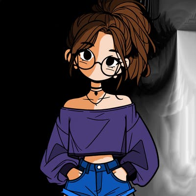 girl with a messy ponytail glasses a baggy crop top and jean shorts