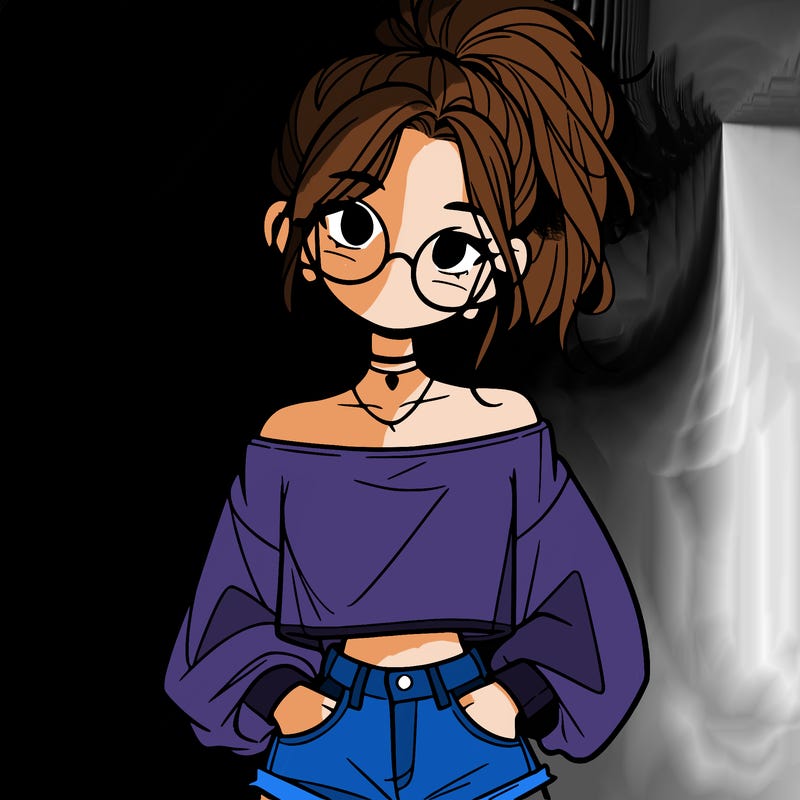 girl with a messy ponytail glasses a baggy crop top and jean shorts