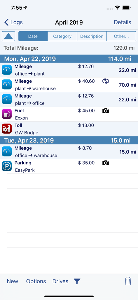 MileTracker - MileTracker app screen displaying a daily log of business mileage, fuel, tolls, and parking expenses.