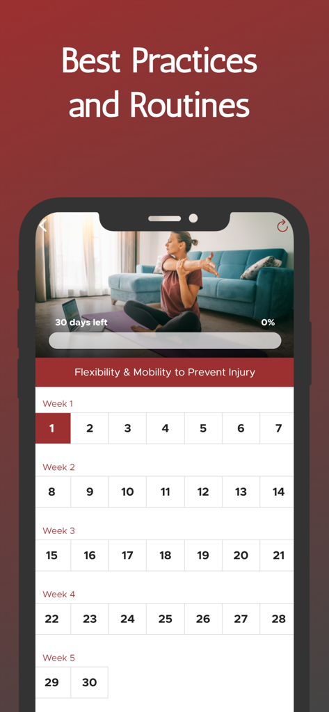 Interfaz de un plan de entrenamiento de flexibilidad y movilidad de 30 días para prevenir lesiones.