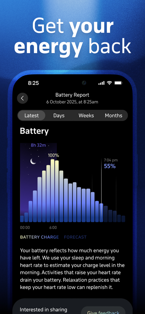 Welltory app screen displaying a battery report with a bar chart tracking personal energy levels throughout the day