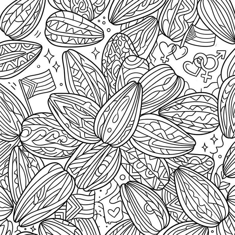 Discover a vibrant tribute to love and diversity with this unique coloring page, blending intricate sunflower seeds with subtle Pride symbols. It's the perfect way to celebrate community and self-expression through art.