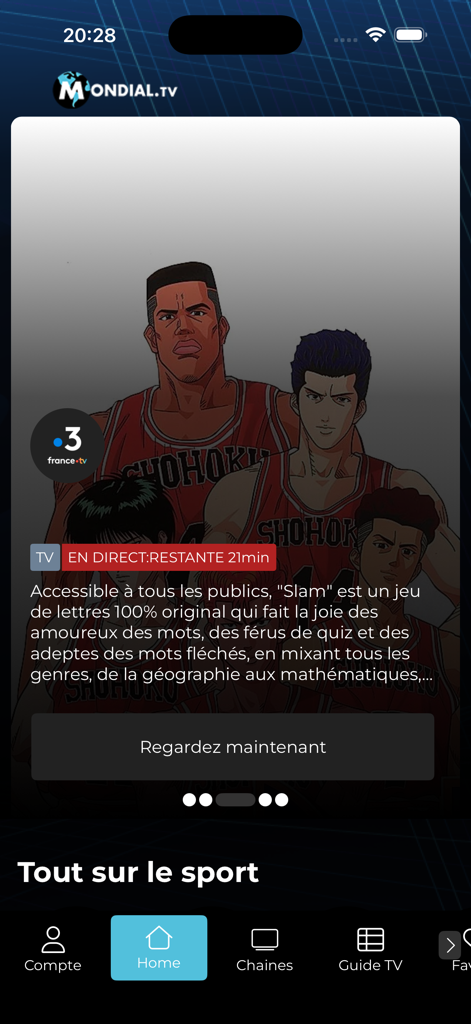 Écran d'accueil de l'application Mondial TV montrant une émission en direct de France 3 et une section de catégorie sportive.