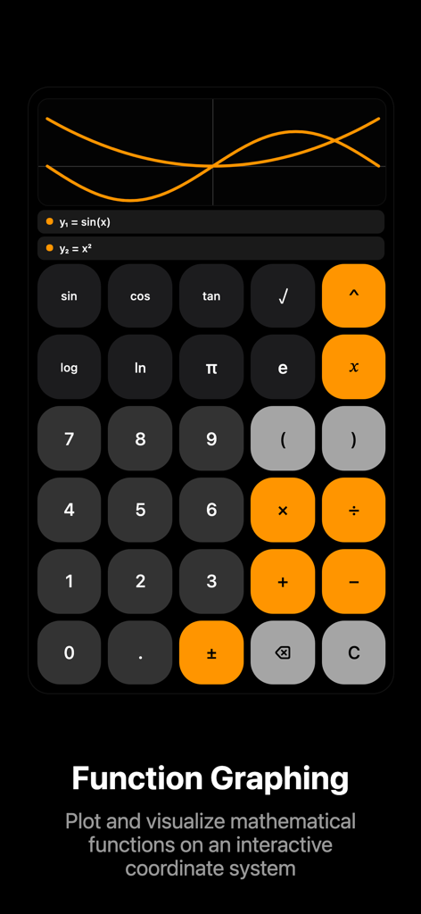 Calculator: Scientific+Finance - Scientific calculator interface showing mathematical function graphing on a coordinate system.