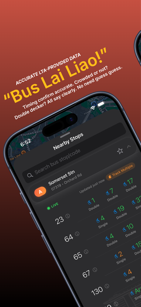 JioLah! SG Bus & Trains - Smartphone screen showing live bus arrival times and transit data in Singapore for the JioLah app