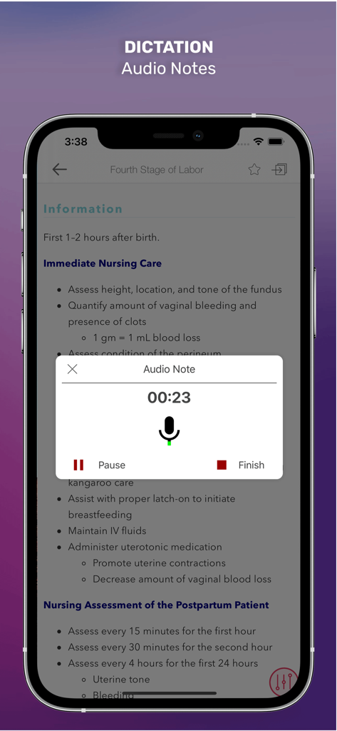 OB/GYN Peds Notes - Interfaz de dictado de audio para grabar notas de enfermería en la aplicación OB GYN Peds Notes