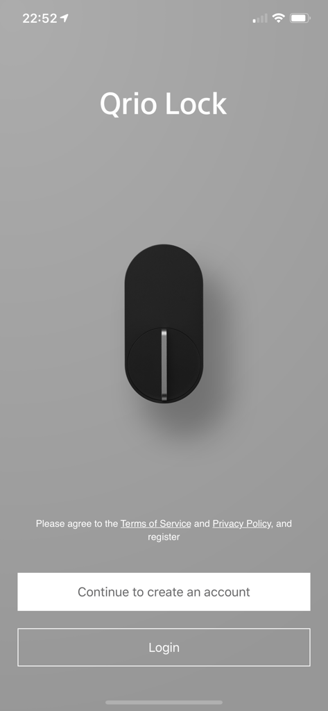 Qrio Lock - Qrio Lockアプリのオンボーディング画面。ログインとアカウント作成のオプションが表示されています。