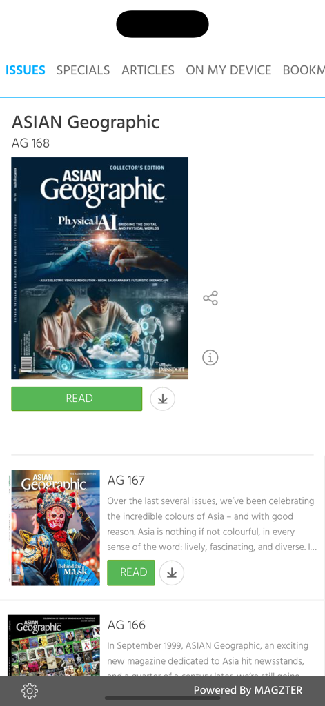 ASIAN Geographic Magazine - List of digital magazine issues in the ASIAN Geographic app showing the AG 168 Physical AI cover