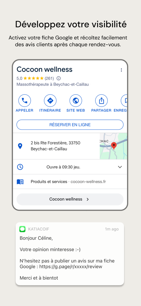 Fleeky Pro : Salon & Domicile - Interface do aplicativo Fleeky Pro mostrando integração com o perfil do Google Meu Negócio e notificações automatizadas de solicitação de avaliações de clientes.