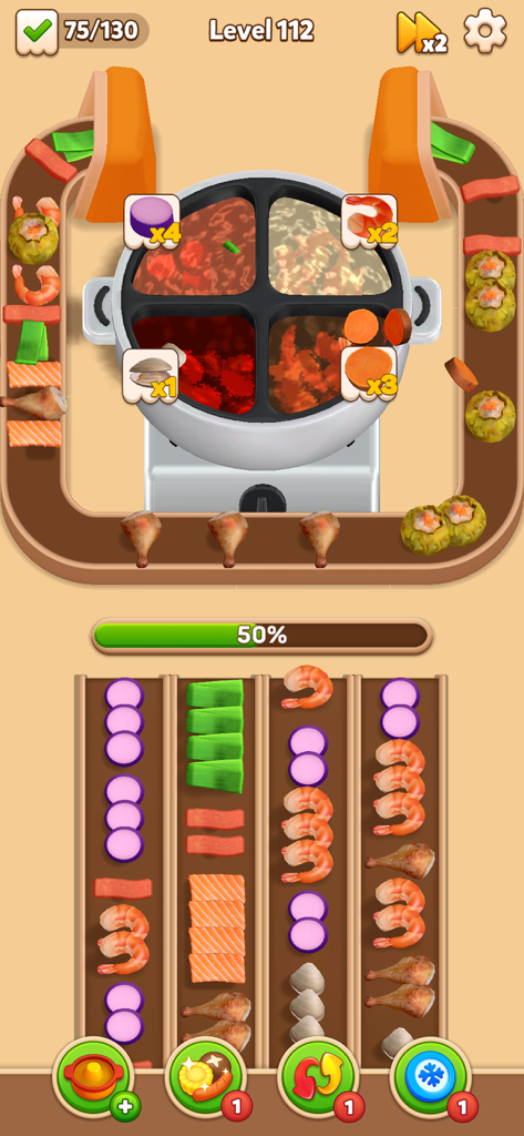 Gameplay of Hotpot Flow showing players sorting food ingredients like shrimp and dumplings into a multi section boiling hotpot