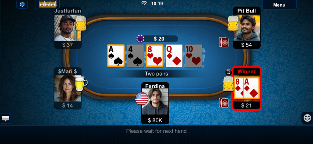 Texas Holdem Poker - Digital poker table showing avatars of players and community cards in a Texas Holdem game