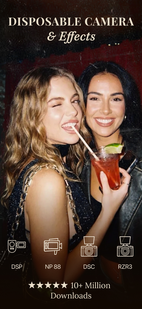 Two young women smiling in a vintage style photo using radcam disposable camera effects