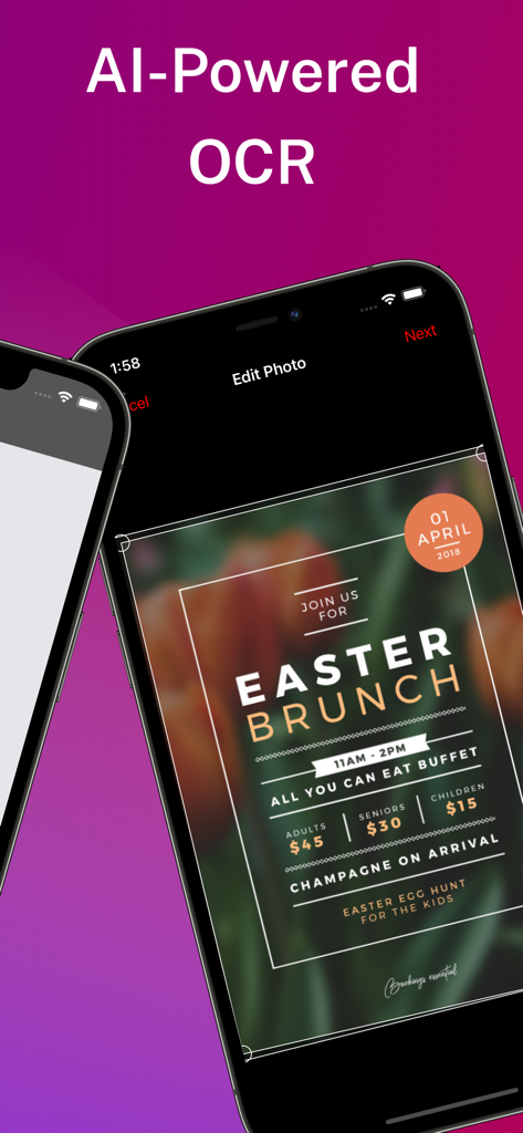 Text Fairy-Batch Image to Text - iPhone screen displaying the AI-powered OCR feature of Text Fairy app scanning an event flyer