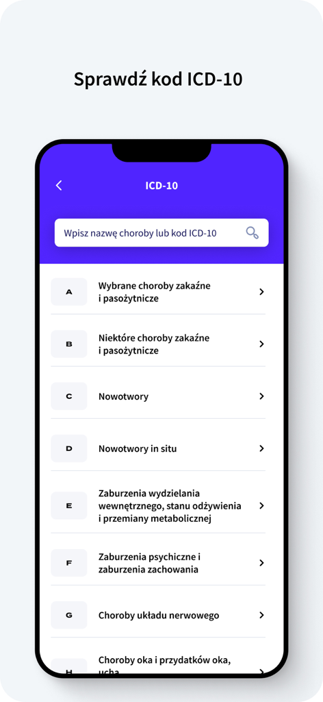 Remedium - Remedium mobile app screenshot showing the ICD-10 medical code browser and search field