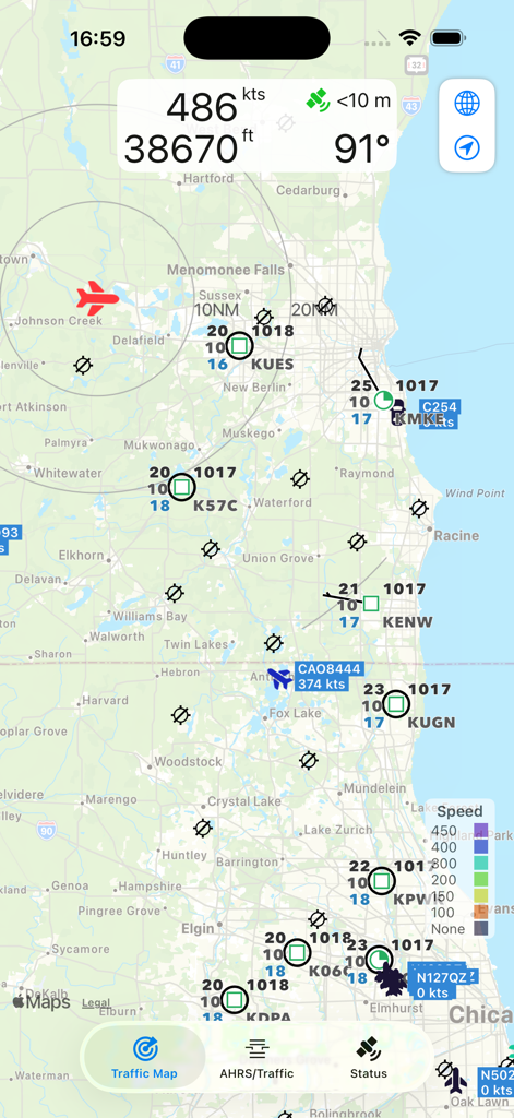 Carte de trafic AeroADSB montrant les positions des avions et les données météorologiques METAR.