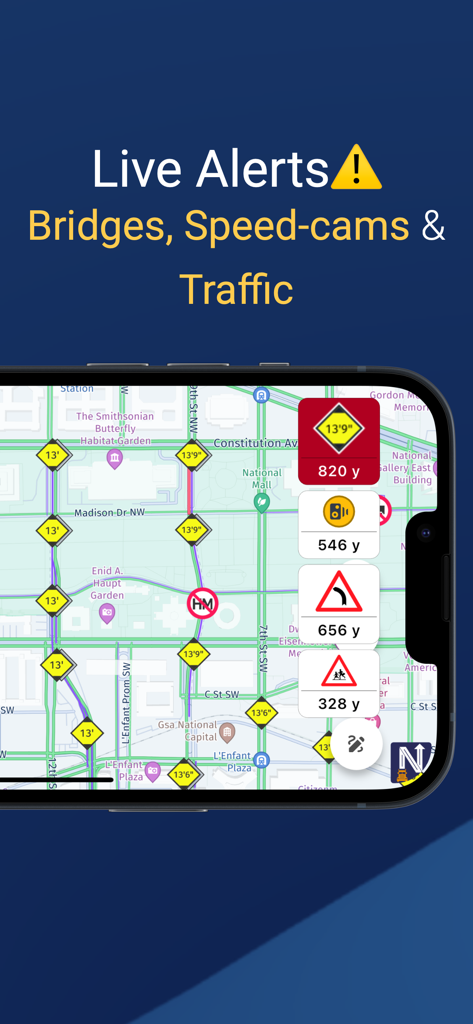 NaviTruck GPS Truck & Caravan - NaviTruck GPS app interface showing live alerts for bridge heights and traffic conditions