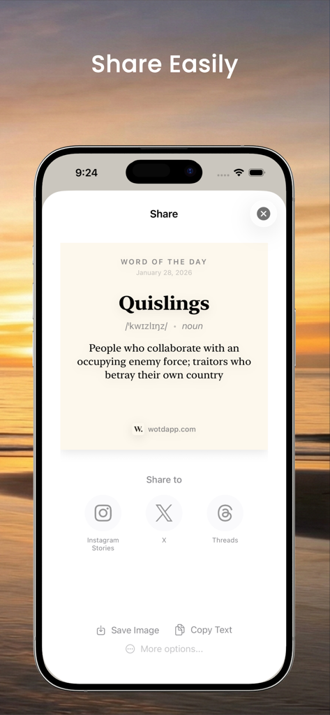 The WOTD app share screen showing the word Quislings with social media sharing options for Instagram X and Threads