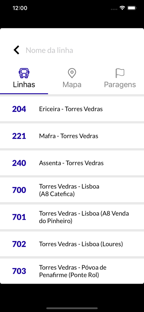 myBO - Interface of the myBO app displaying a list of bus routes for the Barraqueiro Oeste network