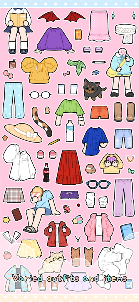 A collection of cute pastel colored outfits and accessories for avatar decoration