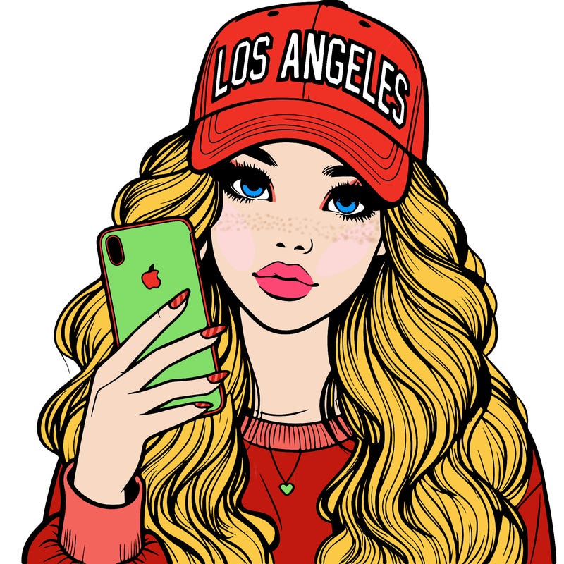 realistic beautiful girl wearing los ángeles cap holding an iphone
