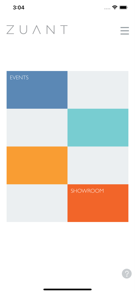 Zuant - Painel principal do aplicativo Zuant mostrando blocos de navegação de eventos e showroom