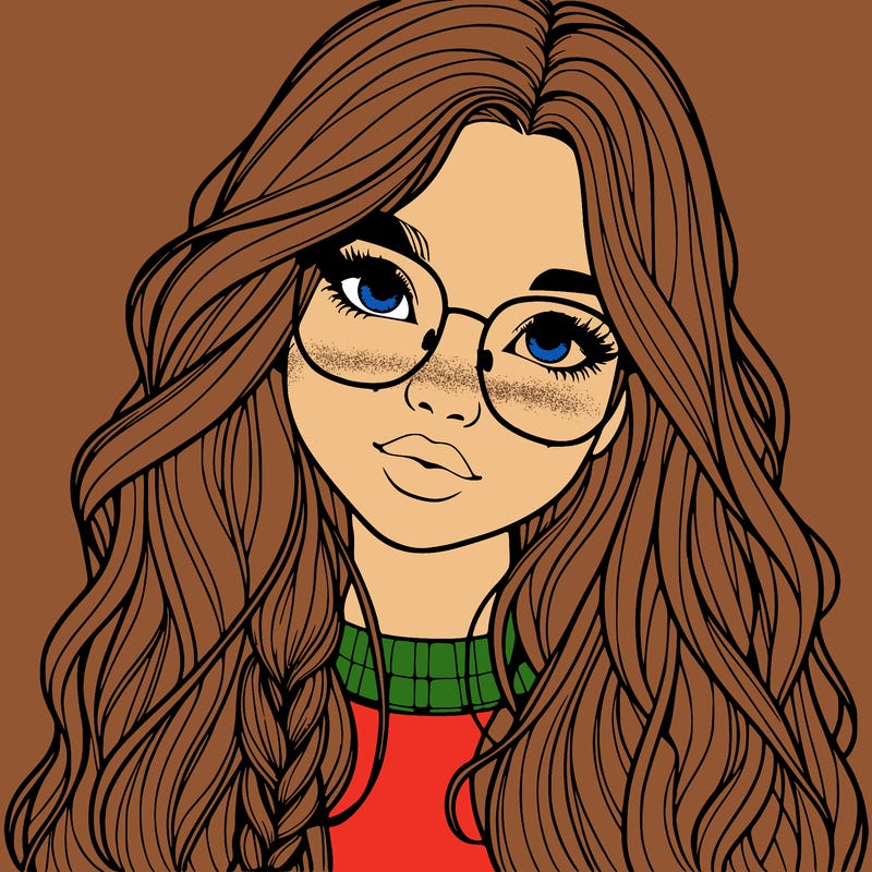 girl with long hair and freckles and glasses realistic