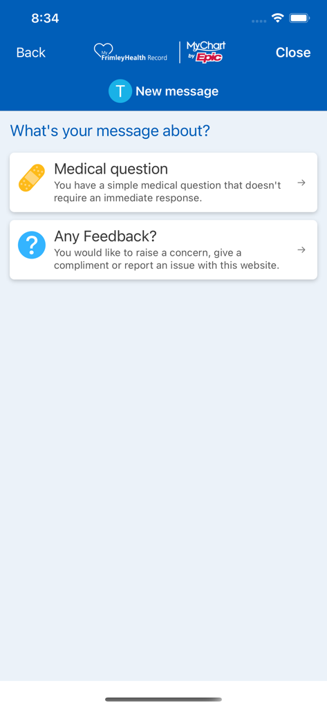 MyFrimleyHealth Record - New message screen in MyFrimleyHealth Record app showing options for medical questions and feedback