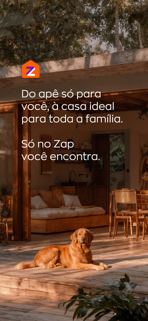 Pantalla de bienvenida de la aplicación ZAP Imoveis que muestra el interior de una casa acogedora con un golden retriever