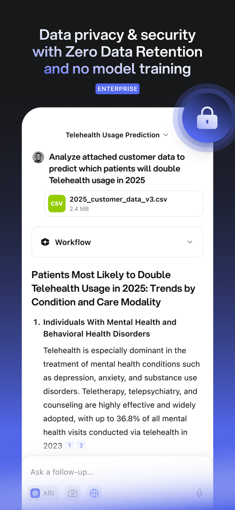 You.com - Enterprise grade AI - Screenshot of You.com app showing zero data retention security and enterprise level AI analysis of a telehealth CSV file