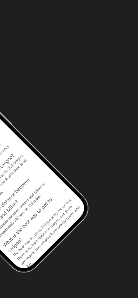 Earth Roulette: Trip Explorer - Bildschirm mit Reiseinformationen, der FAQs zum Besuch von Livigno zeigt, einschließlich Entfernung von Mailand und Transportmöglichkeiten