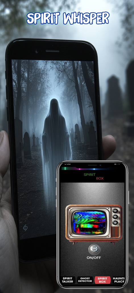 Spirit Whisper - Ghost Talker - A person holding a smartphone showing a ghostly figure in a graveyard and the spirit box feature of the Spirit Whisper app