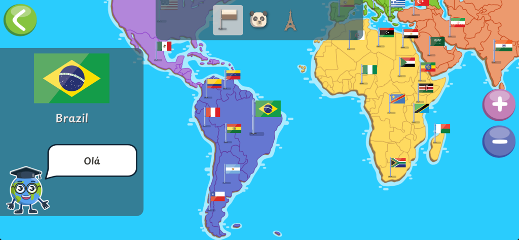 Geo Kids (Qbis Studio) - Interactive world map in Geo Kids app showing country flags and a greeting for Brazil