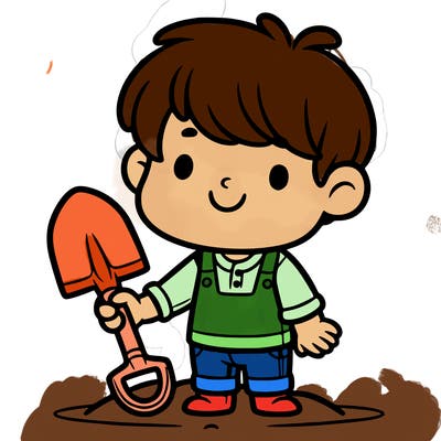 3 year old boy holding a shovel looking happy
