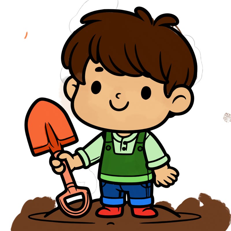 3 year old boy holding a shovel looking happy