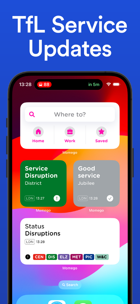 London Transport: Live TFL - iOS home screen with London Transport app widgets showing live tube service updates and journey search options