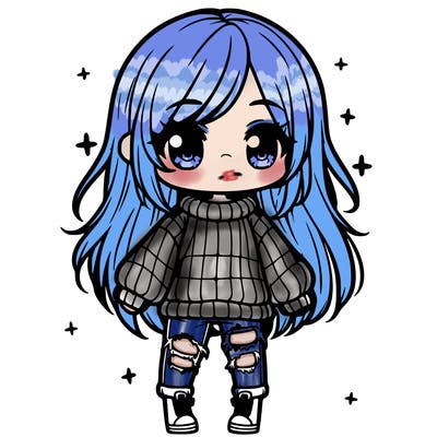 chibi girl with ripped jeans,long hair, and an oversized sweater
