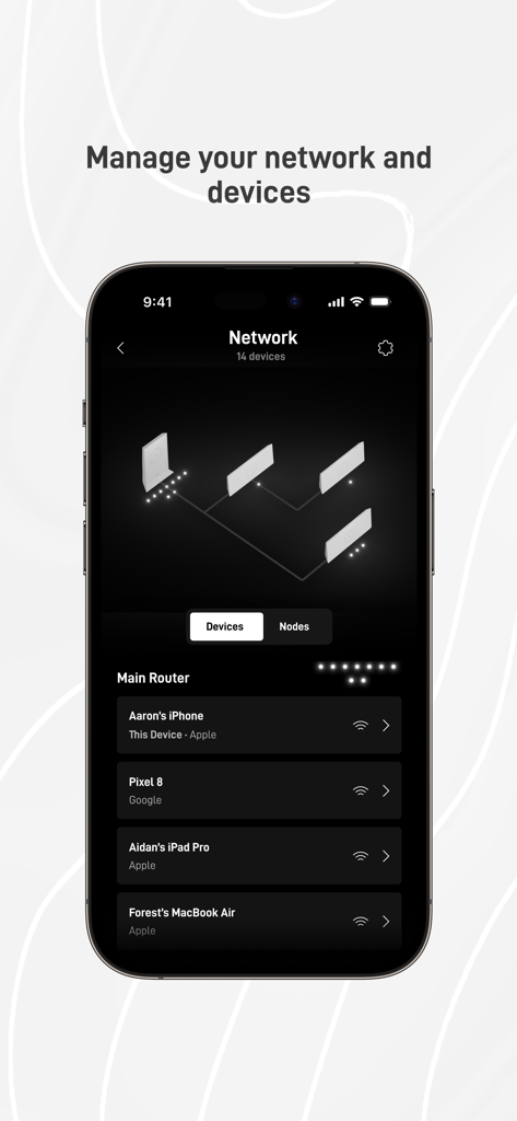 Starlink app screen showing network topology and a list of connected devices like iPhone and MacBook