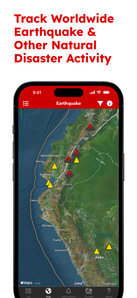 Interface do aplicativo Earthquake Quake Tracker mostrando um mapa com ícones de vulcões e atividade sísmica