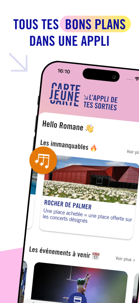 Carte jeune - カルテ・ジューヌのモバイルアプリ画面、ボルドーの地元のお得情報や今後のイベントを表示