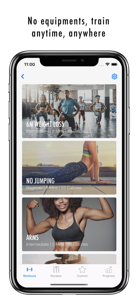 FitHer - Workout for Women - FitHer app interface showing a variety of equipment free workouts for weight loss arms and beginners.
