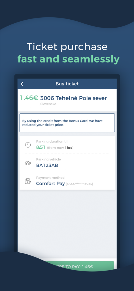 ParkDots app interface for buying a parking ticket with vehicle and payment details.