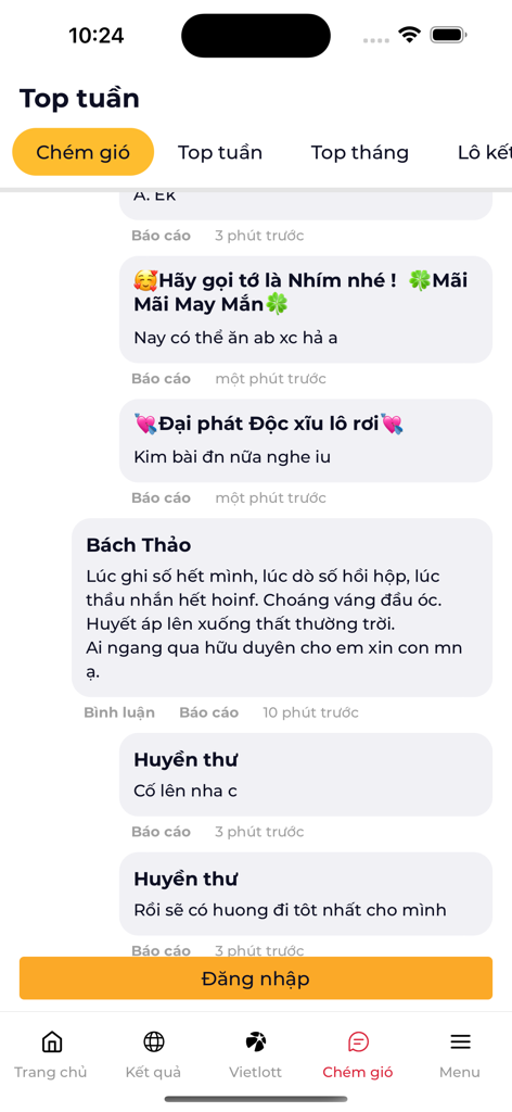 Kết quả xổ số XSMB, XSMN, XSMT - Community chat interface in the Vietnamese lottery results mobile application showing user discussions.