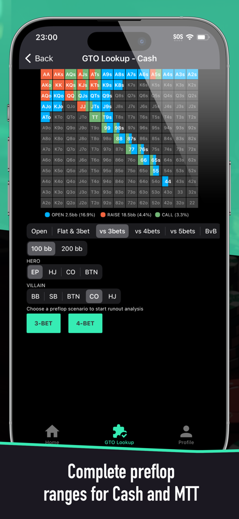 Interface do aplicativo Poker Solver+ mostrando ranges de mãos pré-flop GTO codificados por cores e consulta de estratégia para cash games.