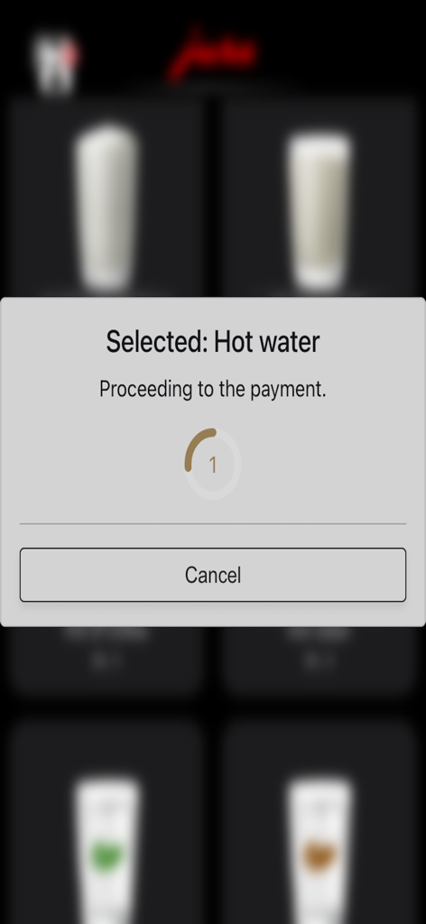 JURA Pocket Pilot V2 - A screenshot of the JURA Pocket Pilot V2 app displaying a modal for hot water selection and a message indicating it is proceeding to payment with a cancel button.