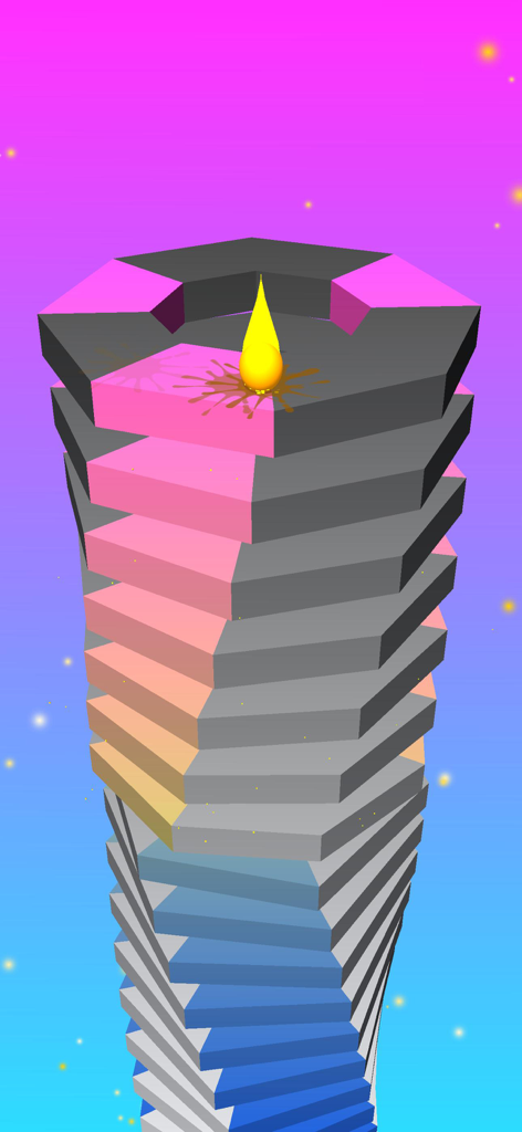 A yellow ball smashing through colorful levels of a tower in the Crush Ball game