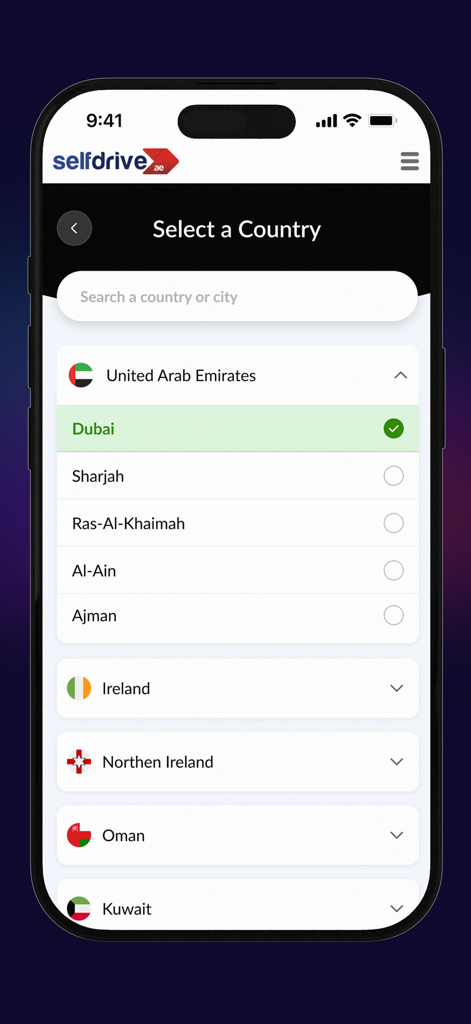 SelfDrive Mobility Car Rentals - SelfDrive app screen showing country and city selection for international car rental