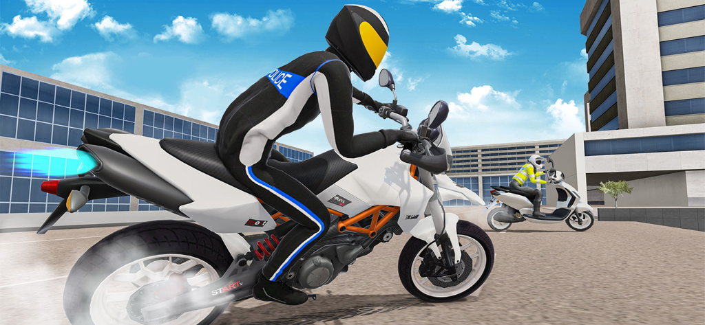 Police Bike City Simulator - Police officer racing a motorbike with blue nitro flames in a city simulator.