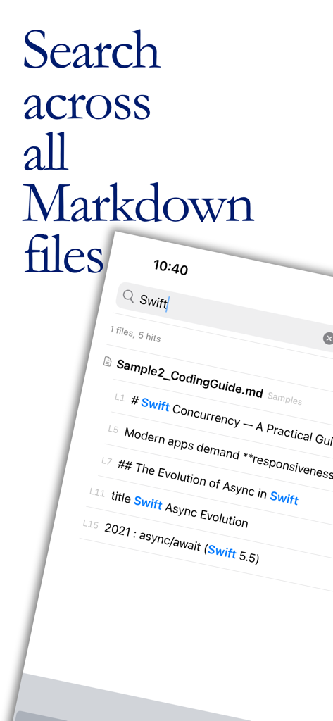 Interface of Mdly app showing full-text search results for the term Swift across markdown files