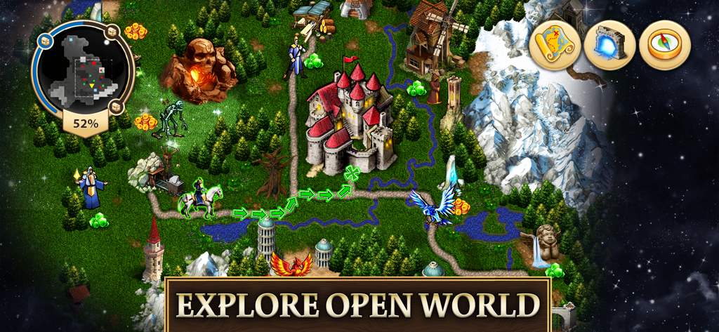 Un vibrante mapa del mundo de fantasía en Magic War Legends con un castillo, un héroe a caballo y criaturas míticas.